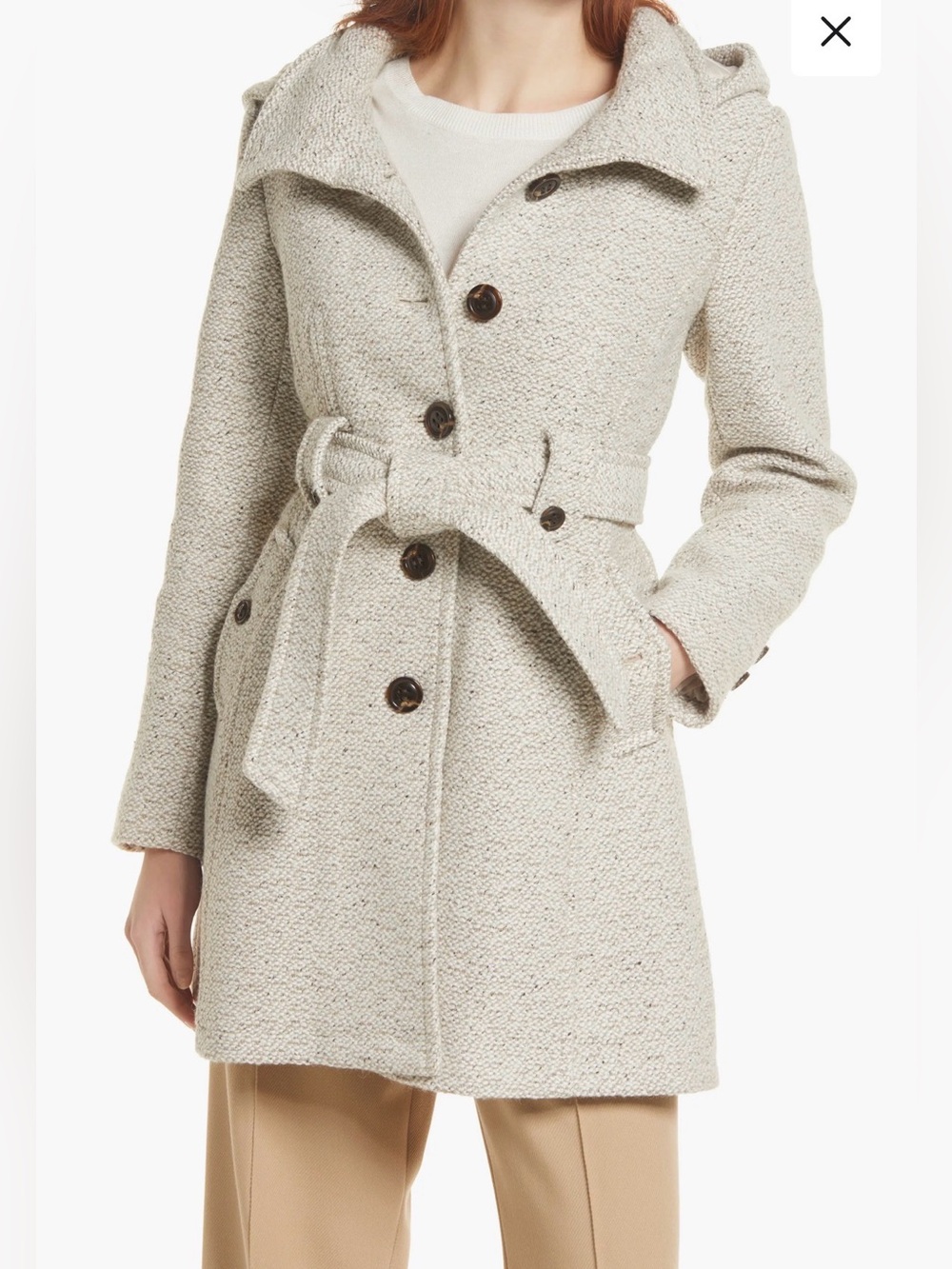 NWOT Nordstrom Hooded Wool-Blend Belted Coat - Oatmeal